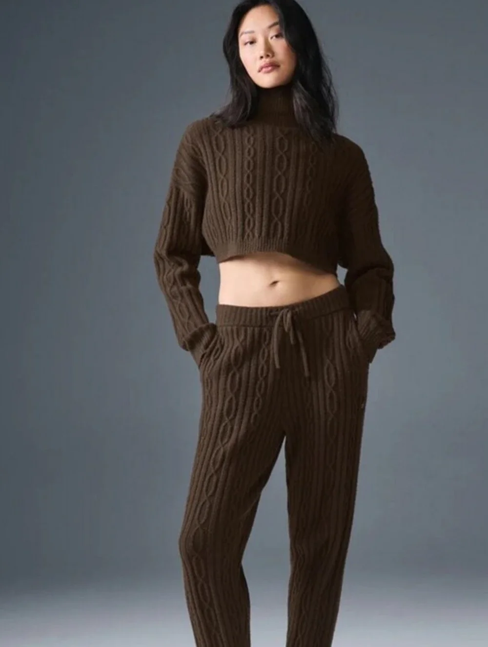 ALO YOGA CABLE KNIT CROPPED WINTER BLISS TURTLENECK SWEATER ESPRESSO BROWN